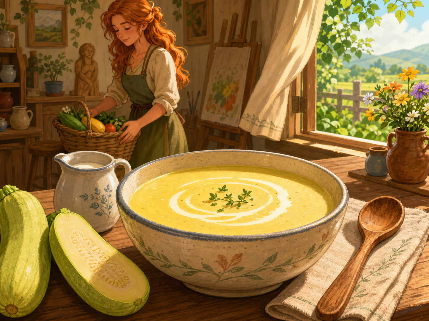 Солнечная кухня Леи и миска супа из летнего патиссона